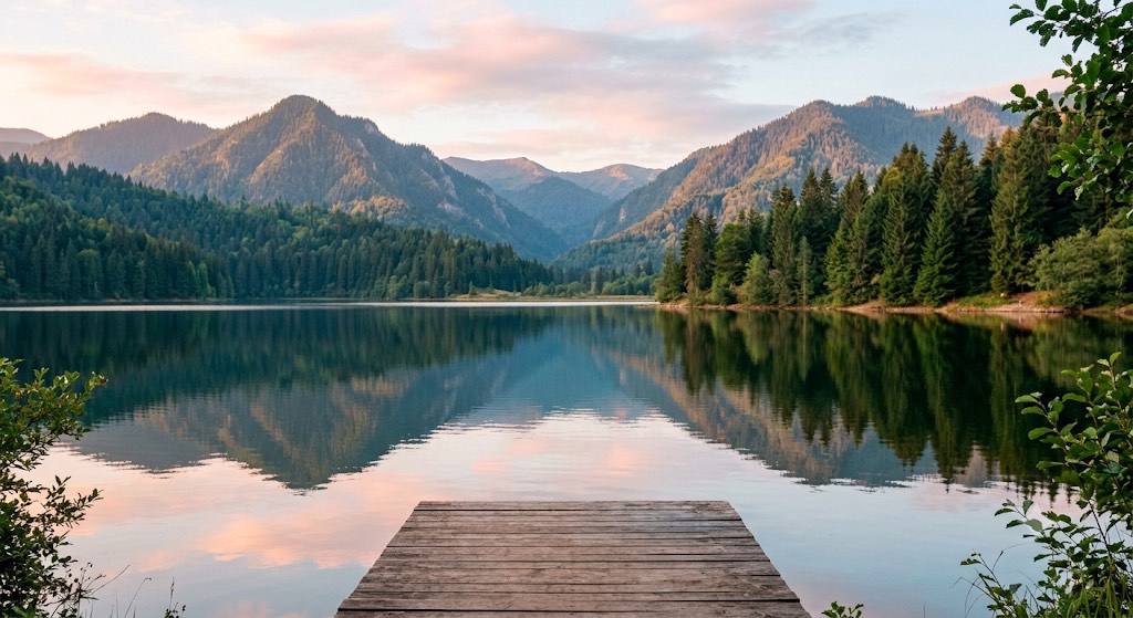 Ruhiger See mit Bergen – Sinnbild für Ruhe und einen Neuanfang in der Psychotherapie